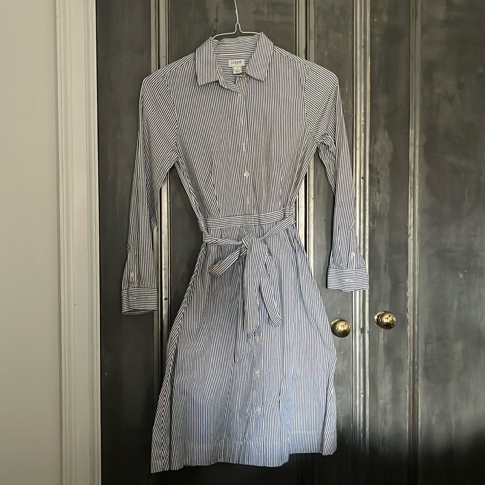 White and blue striped button down dress with adjustable/removable waist tie